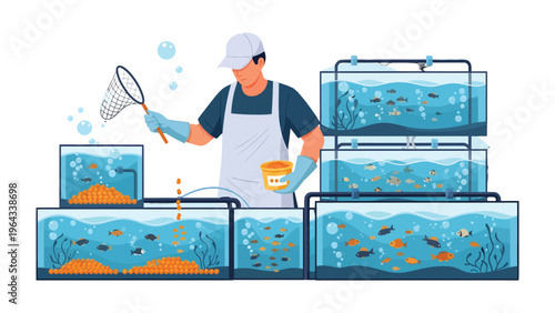 Aquarium Worker's Daily Task: A dedicated aquarium worker is meticulously tending to the aquatic life, demonstrating care and precision in maintaining the aquarium's ecosystem.