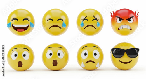 Seven emoticon faces with various expressions on white background conveying emotions and moods in digital communication