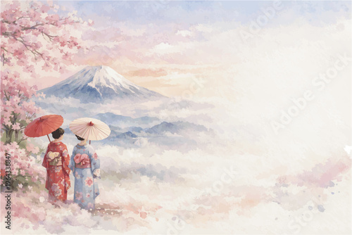 Japanese Watercolor Travel Landscape with Mount Fuji, Kimono Women and Sakura Flowers