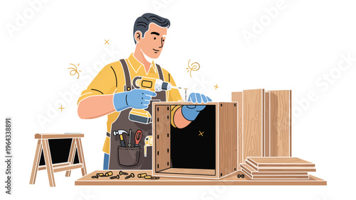 Craftsman's Workshop: A skilled craftsman focuses intently on assembling a wooden box in a well-lit workshop, illustrating the art of craftsmanship and the beauty of creation.