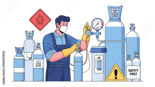 Professional Gas Technician: A skilled gas technician meticulously inspects and services compressed gas cylinders, emphasizing safety and precision in their critical work. 