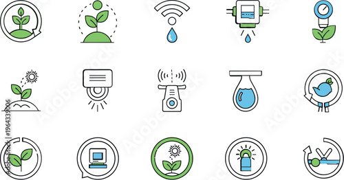 Smart agriculture icons vector set with irrigation systems, plant monitoring, sensors, water management and eco farming technology symbols in flat outline style