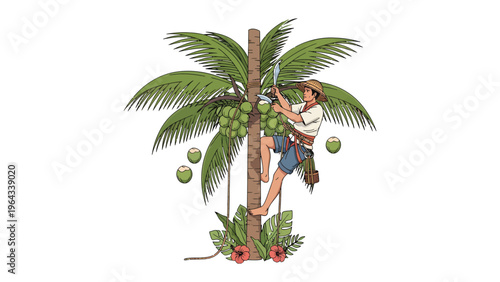 Coconut Harvest: A skilled individual climbs a tall coconut tree, demonstrating the traditional method of harvesting the tropical fruit, with coconuts in the branches and fresh fruit falling