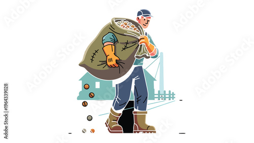 Hardworking Harvester: An illustration depicts a sturdy individual diligently carrying a bountiful sack of grain, showcasing the essence of agricultural labor and the fruits of the harvest.