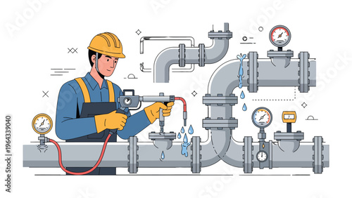Pipeline Integrity: A diligent technician, wielding a welding tool, meticulously repairs a complex network of pipes, ensuring the seamless flow within the industrial system.