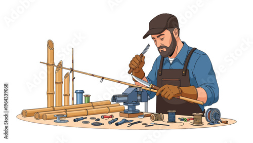 Crafting the Catch: An artisan meticulously works on a fishing rod. Every detail is carefully considered, and the craftsman's dedication is palpable.