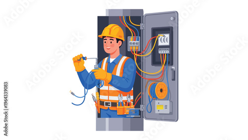 Electrical Precision: An electrician focuses intently, expertly working on electrical wiring within an industrial setting, showcasing skill and precision in his craft.