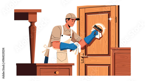 Cleaning wooden door: A professional cleaner meticulously wiping down a wooden door, the image radiates a sense of cleanliness and care. 