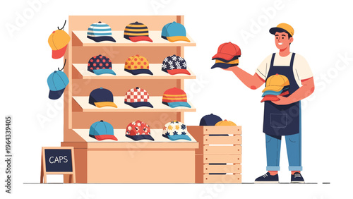 Hat Display in Shop: A cheerful shopkeeper presents an array of stylish caps on display, showcasing diverse colors, designs, and patterns in a retail setting.