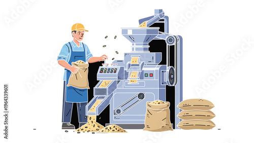 Grain Mill Operation: A worker manages the machinery, carefully handling sacks of grain as the mill processes raw materials into a finished product.