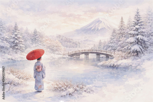 Japanese Watercolor Travel Landscape with Mount Fuji, Kimono Women and Sakura Flowers