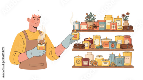 Crafting Fragrance: A craftsman meticulously inspects a newly lit candle amidst a display of various scented candles, a testament to his passion for creating aromatic experiences.