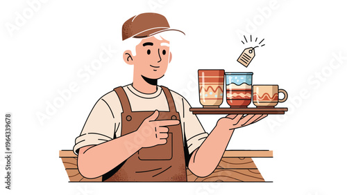 Artisan's Offering: A skilled artisan, proudly presenting a tray of intricately designed mugs, each telling a story of craftsmanship. This image is a celebration of artistry and attention to detail.