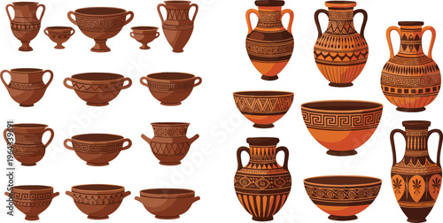 Ancient Pottery Vector Collection Featuring Greek and Traditional Ceramic Vases, Bowls, and Amphora Designs with Ornamental Patterns for Cultural and Historical Art
