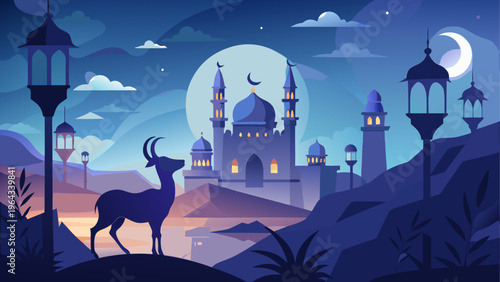 Mystical deer wandering through an enchanted forest at nightfall