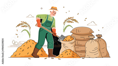 Harvesting the Bounty: A dedicated farmer, toiling diligently with a shovel to gather the golden harvest, surrounded by sacks filled with grains.