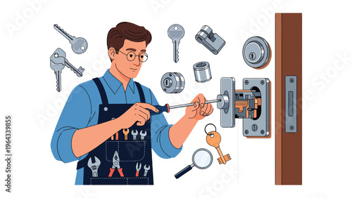 Locksmith Expertise: An experienced locksmith at work, skillfully repairing a lock with tools and keys arranged around him. Representing the core of home security