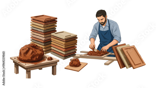 Crafting clay tiles: A skilled craftsman meticulously shapes clay, surrounded by a collection of finished tiles, exemplifying the art of craftsmanship and the creation of beautiful materials.