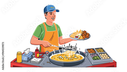 Street Food Stall: A cheerful food vendor, expertly prepares and presents a delicious assortment of fried delicacies at his vibrant street food stall.