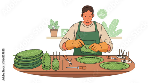 Artisan Crafting: A skilled artisan meticulously crafts by hand a leaf plate, showcasing eco-friendly practices and the beauty of handmade products.