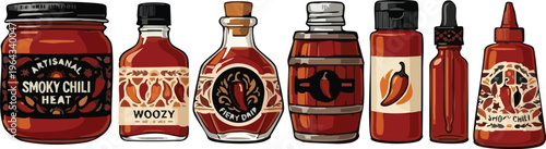 Artisanal Hot Sauce and Chili Oil Vector Set: Vintage Style Spicy Condiment Bottles, Smoky Chili Heat Labels, and Mexican Food Illustrations for Cinco de Mayo