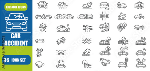 Car Crash and Road Accident Minimalist Line Vector Icon Set
