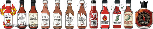  Hot Sauce Bottles Vector Set: Spicy Chili Pepper Condiments for Cinco de Mayo, Mexican Food Illustrations and Flat Design Hot Sauce Labels