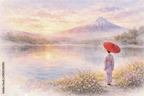 Japanese Watercolor Travel Landscape with Mount Fuji, Kimono Women and Sakura Flowers