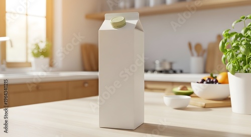 A white carton of juice with a green cap on a kitchen countertop with fruit and a bowl in the background perfect for food and beverage advertising and product packaging design
