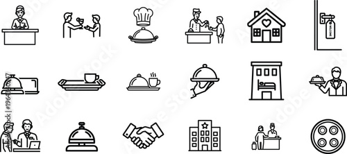 Collection of 16 black and white line icons depicting various business and service concepts
