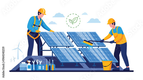 Solar Panel Installers: Two technicians maintain and work with solar panels. Depicting a scene of industry, sustainability, and renewable energy.