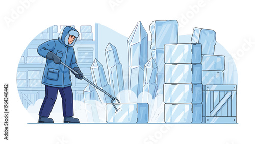 Chiseling Ice in Cold Storage: An individual meticulously works, carving ice blocks in a frigid cold storage warehouse, the air thick with frost.