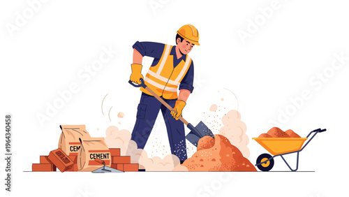 Building Harmony: A construction worker skillfully shovels soil, showcasing the raw materials and tools essential for bringing structures to life, demonstrating dedication to his craft.