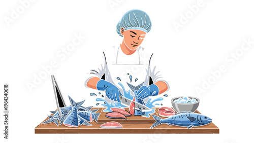Fishmonger at Work: A skilled fishmonger expertly prepares fresh seafood, demonstrating the art of precision and care. Captured with vivid detail.