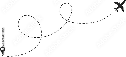 Airplane flying along a dotted line to a location pin on white background Airplane route vector set – dotted line flight paths, travel routes with start and destination points, black silhouette plane 