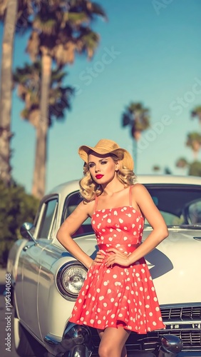Retro Glamour - A Woman in a Polka Dot Dress by a Vintage Car.