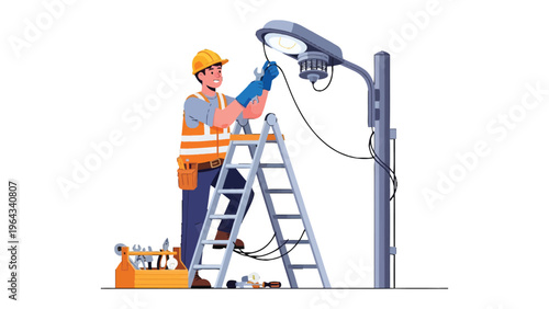 Urban Technician at Work: An urban technician, safely positioned on a ladder, diligently works on a street lamp, showcasing urban infrastructure maintenance.