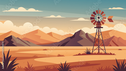 Spain Windmill Field Rural Landscape Flat Vector