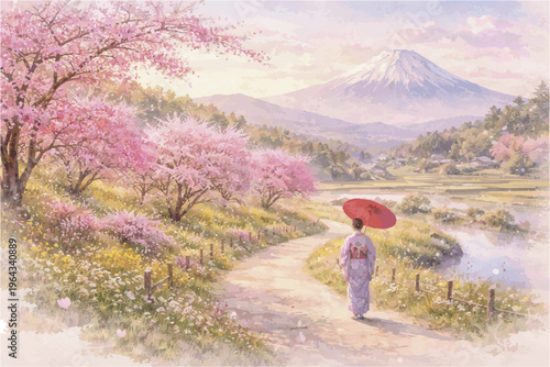 Japanese Watercolor Travel Landscape with Mount Fuji, Kimono Women and Sakura Flowers