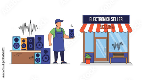 Electronics Seller Illustration: A digital illustration portrays an electronics seller showcasing audio speakers, with a store facade in the background.