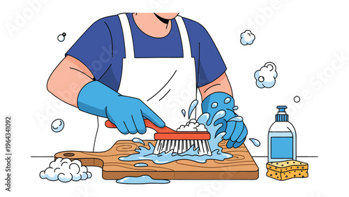 Cleaning the Kitchen: An illustration captures the process of meticulous kitchen cleanliness, showing the use of a brush for scrubbing a wooden cutting board to remove dirt and germs.