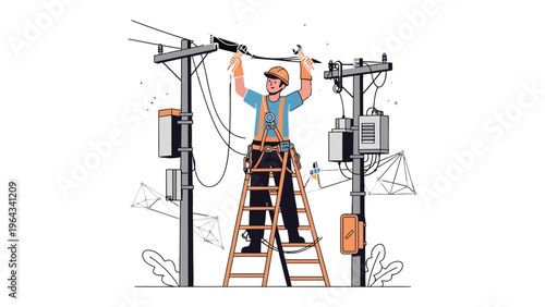 Electrical Technician at Work: An electrician skillfully works atop a ladder, meticulously attending to electrical lines and equipment on utility poles.