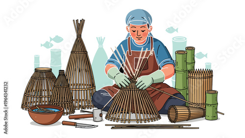 Artisan Crafting Bamboo Traps: An artisan, engrossed in his craft, meticulously weaves a bamboo fish trap, showcasing traditional craftsmanship and the artistry of manual work.