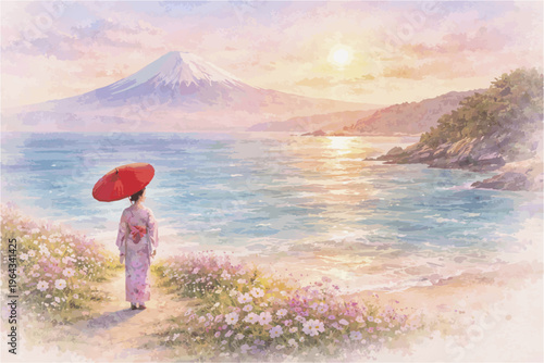 Japanese Watercolor Travel Landscape with Mount Fuji, Kimono Women and Sakura Flowers