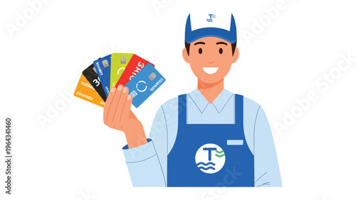 Credit Card Selection: A smiling person, holding array of colorful cards, possibly related to business or finance, offering a visual representation of financial choices or services.