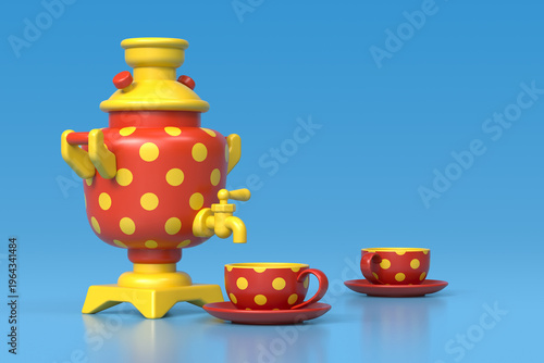 The samovar and two cups are painted with polka dots. 3D image of a retro samovar in a cartoon style. The concept of hospitality, tea drinking and Maslenitsa celebrations. 3D icons for decoration and 