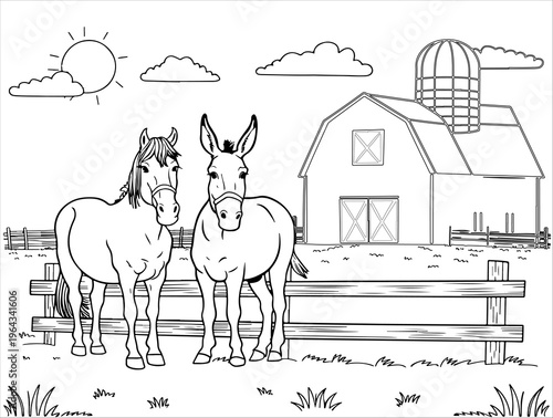Farm line art with horse and donkey near barn and silo. Simple outline for kids’ coloring books, DIY crafts, and preschool sheets.
