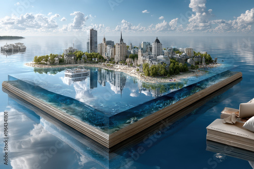 Unique island cityscape reflected in calm waters during bright daylight