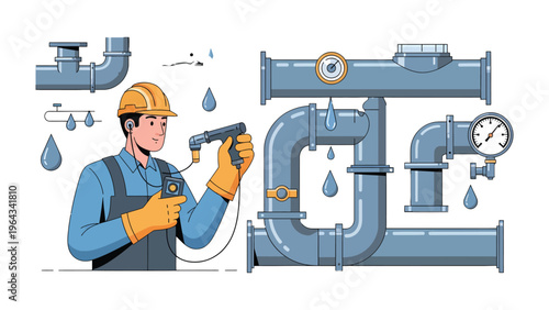 Precision Plumbing: A skilled professional, in an illustrative form, meticulously inspects and maintains intricate pipe systems, ensuring the efficient flow and integrity of infrastructure.