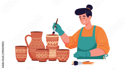 Creative Artist at Work: A skilled artisan, absorbed in the art of pottery, applies delicate strokes of paint to a collection of handcrafted ceramic pieces, transforming them into works of art.
